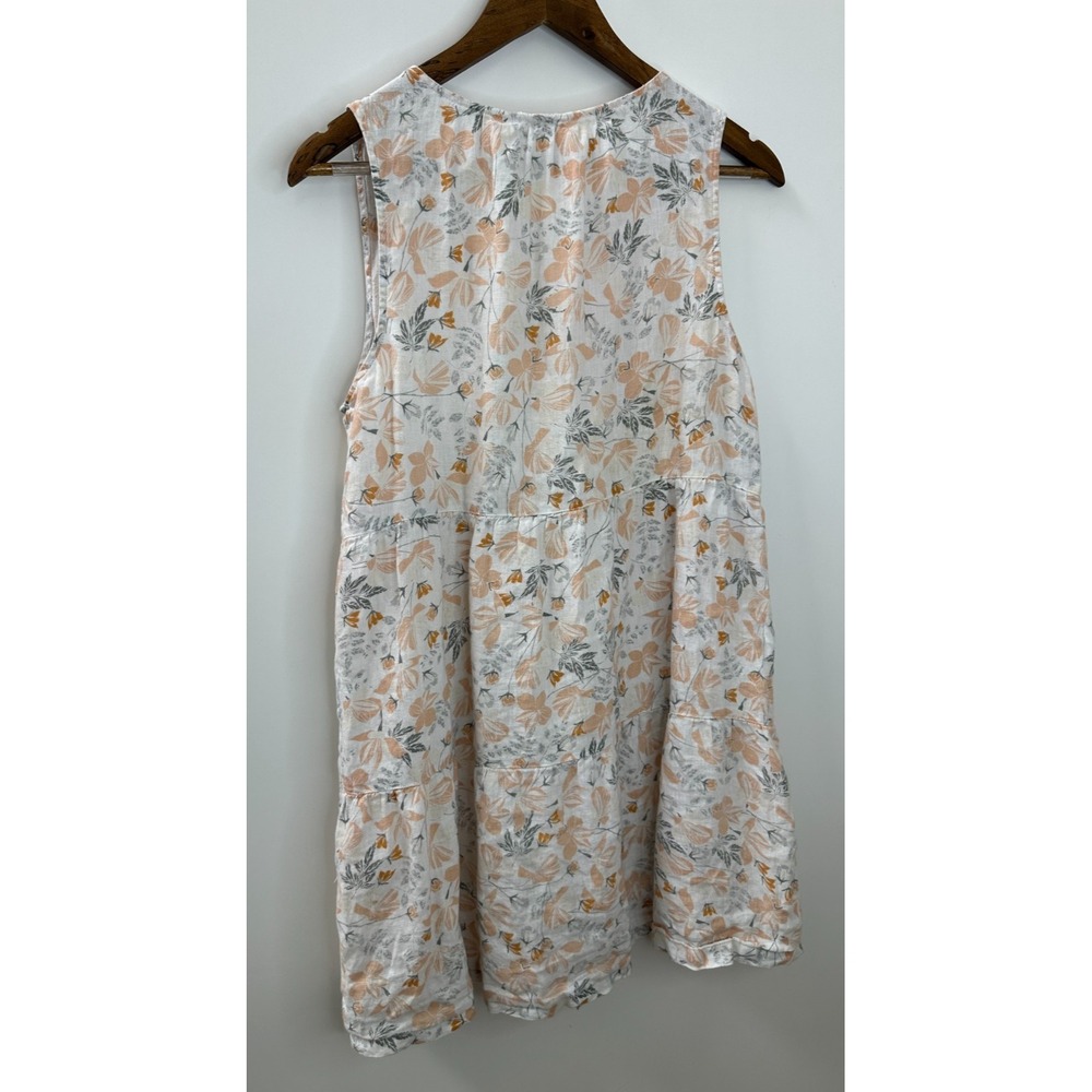 Joie Cream & Peach Floral 100% Linen Tiered Sleeveless V-Neck Mini Dress Medium - Picture 8 of 13